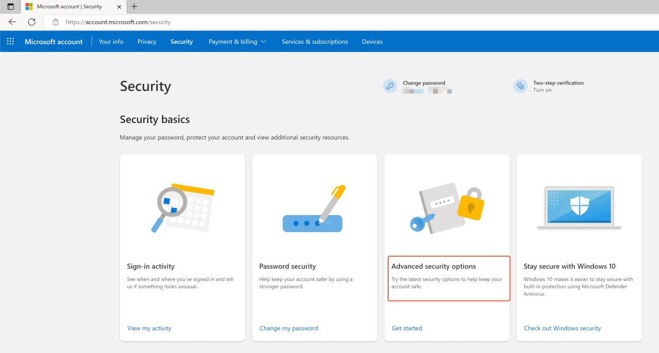 Advanced security options in Microsoft account