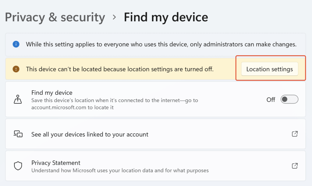 An image to enable 'Location settings' as a pre-request to configure 'Find my device'