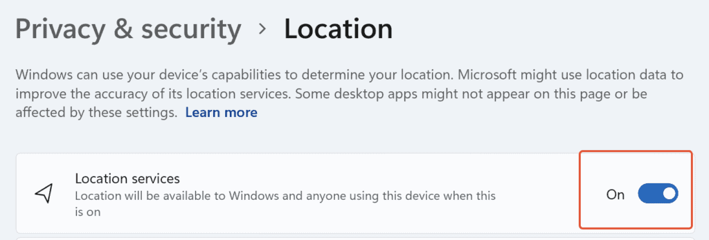 An image to enable 'Location settings under 'Privacy & security'