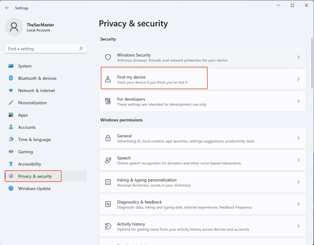 An image to setup 'Find my device' under 'Privacy & Security'