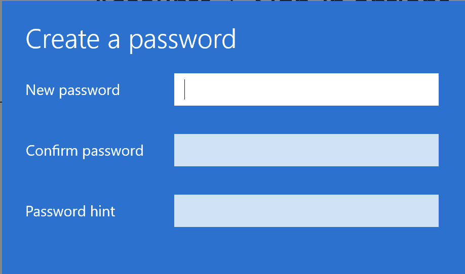 An image to setup a 'New password' with 'Password hint'