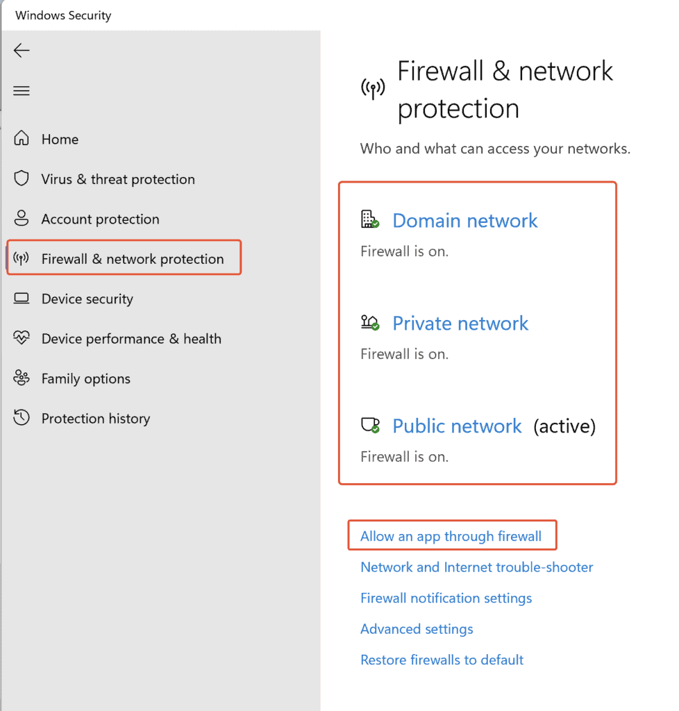 An image to view Firewall settings under 'Windows Security'