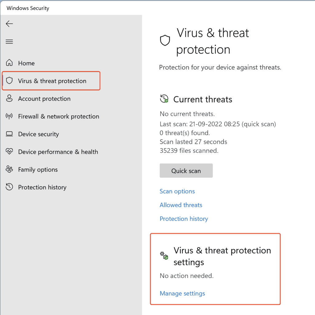 An image to view 'Virus & threat protection' under 'Windows Security'