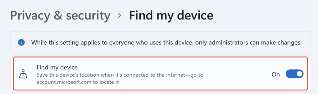 An image where 'Find my device' is enabled