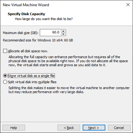 Assign the disk size for the VM