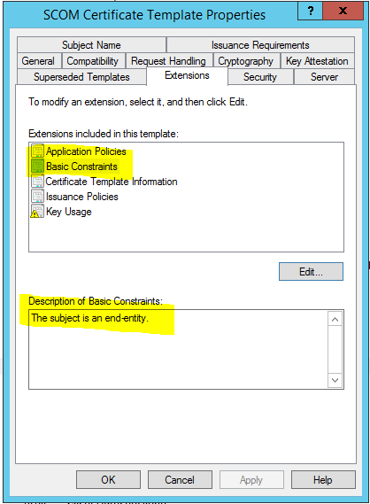 Basic Constraints in Extension settings on SCOM certificate template