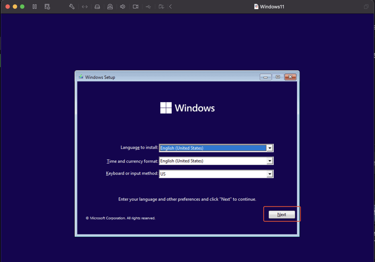 Begin the Installation of Windows 11 on VMWare Fusion