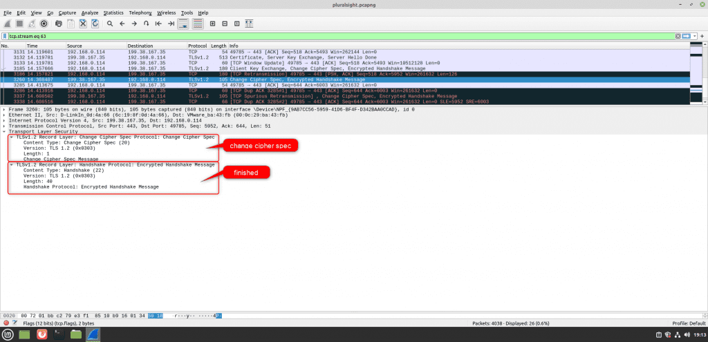 An image of the final step in TLS handshake - sending change cipher spec and the final handshake message to the client in Wireshark