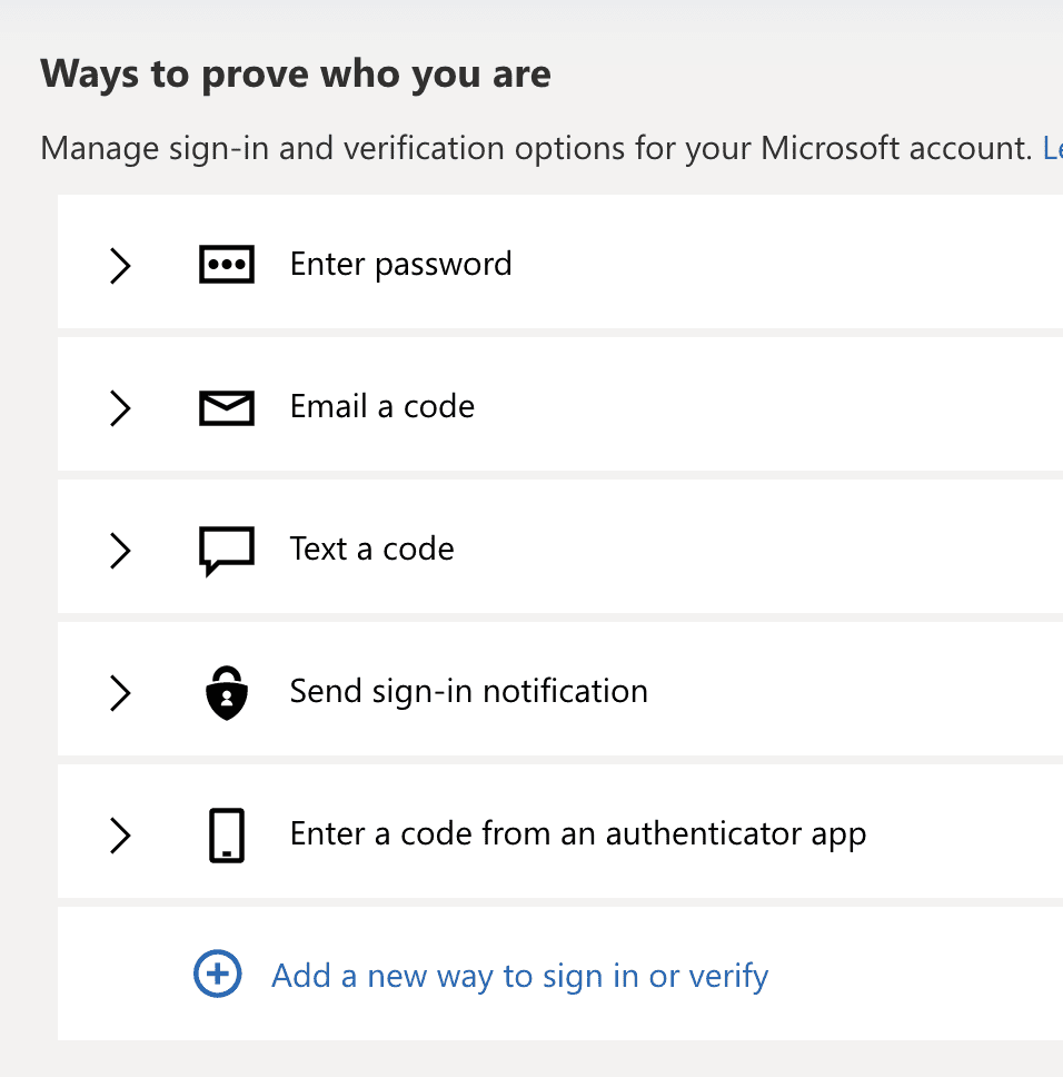 Configured ways to verify and sign in for Microsoft account