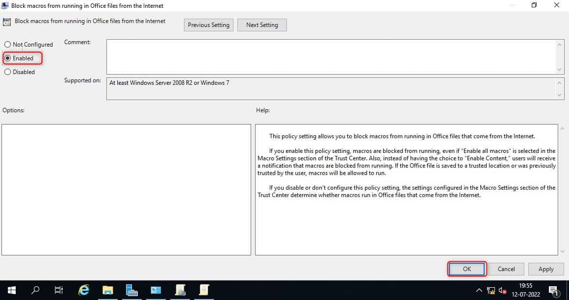 Enable the 'Block macros from running Office files from the Internet' policy