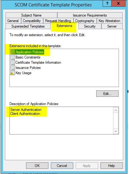 Extension settings on SCOM certificate template