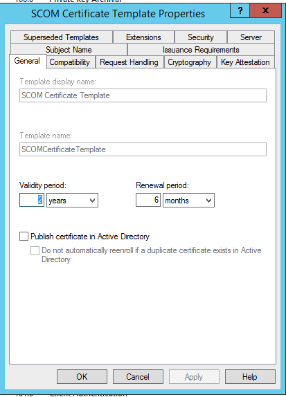 General settings on SCOM certificate template