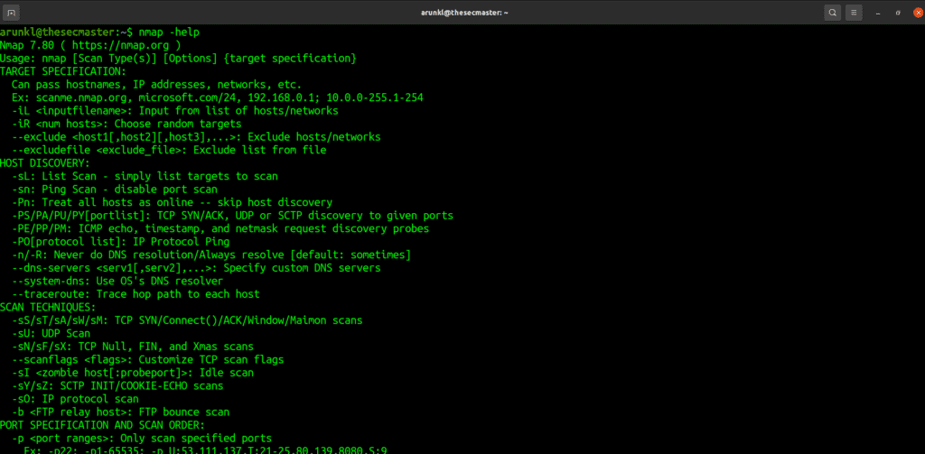 Image of Nmap help command