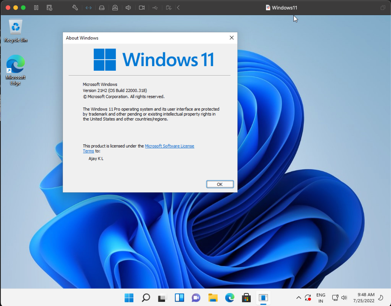Installation of Windows 11 is Completed Successfully on mac using VMWare Fusion