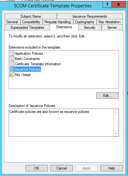 Issuance policy in Extension settings on SCOM certificate template