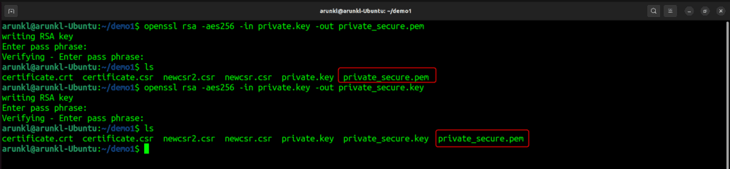 Terminal screenshot with the OpenSSL Command to Encrypt or add Passphrase to a Private Key