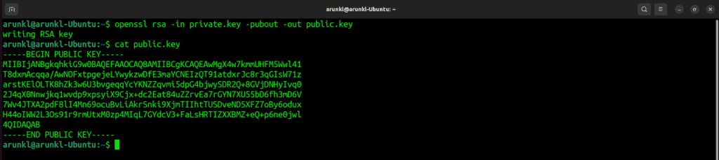 Terminal screenshot with the command to extract the public key from 'private.key' key pair and saves it