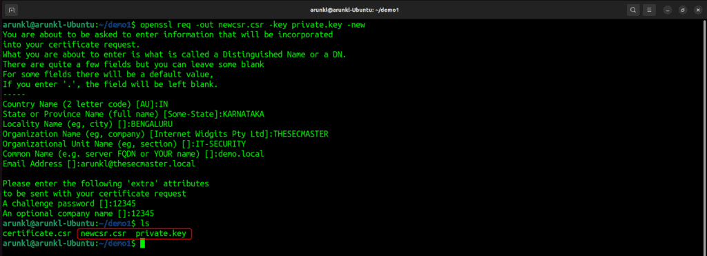 Terminal screenshot with the command to generate a new CSR and save it