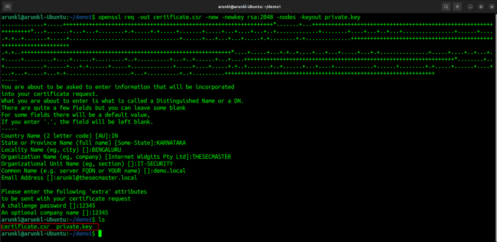 Terminal screenshot with the command to generate a new private key and CSR and save them