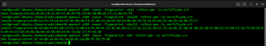 Terminal screenshot with OpenSSL Commands to Check the Hash Value of A Certificate