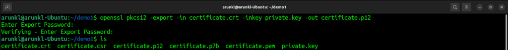 Terminal screenshot with the OpenSSL Commands to Convert a Certificate from CRT to PKCS#12