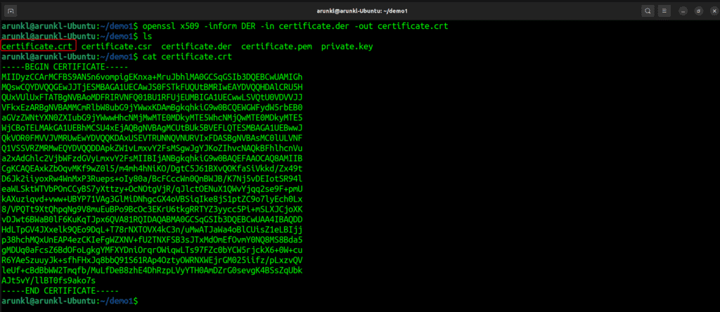 Terminal screenshot with the OpenSSL Commands to Convert a Certificate from DER to CRT