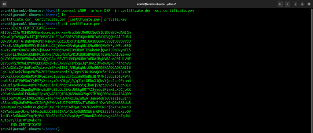 Terminal screenshot with the OpenSSL Commands to Convert a Certificate from DER to PEM