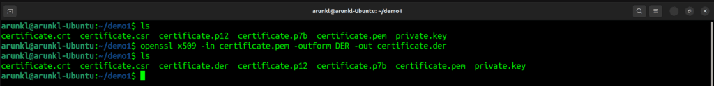 Terminal screenshot with the OpenSSL Commands to Convert a Certificate from PEM to DER