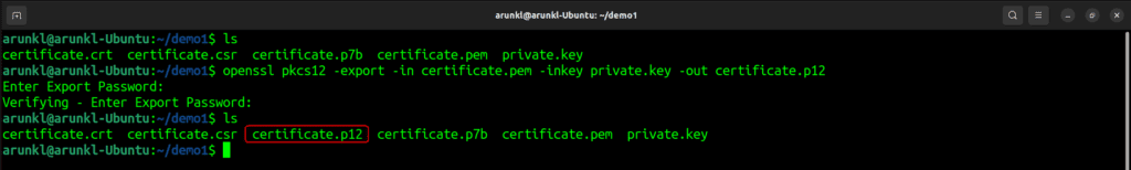 Terminal screenshot with the OpenSSL Commands to Convert a Certificate from PKCS7 to PKCS#12