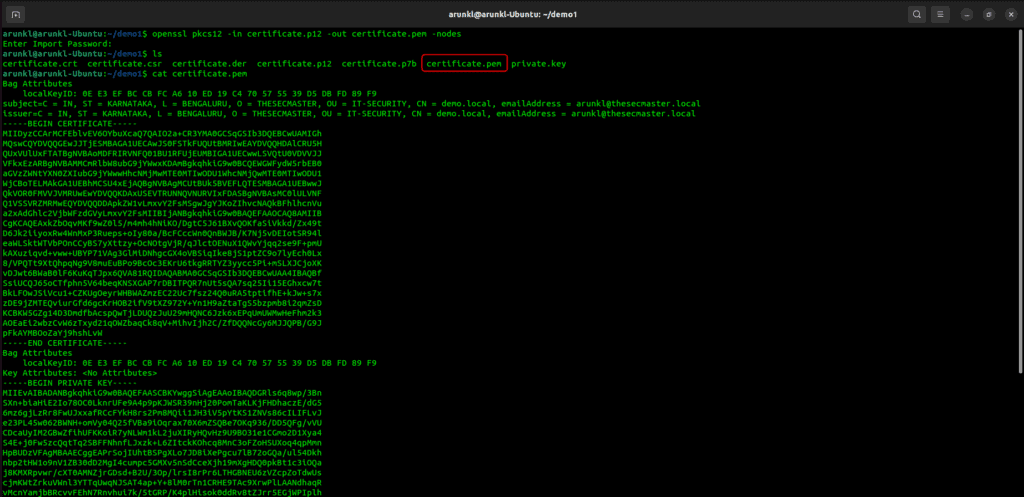 Terminal screenshot with the OpenSSL Commands to Convert a Certificate from PKCS#12 to PEM