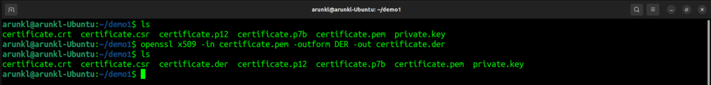 Terminal screenshot with the OpenSSL Commands to Convert a Certificate from PKCS7 to DER