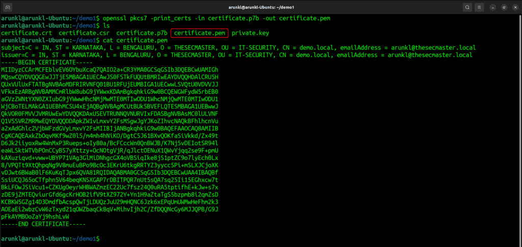 Terminal screenshot with the OpenSSL Commands to Convert a Certificate from PKCS7 to PEM
