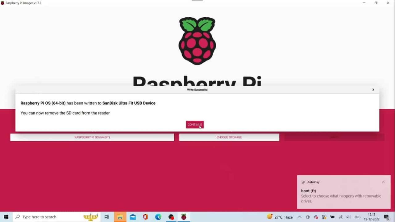 Raspberry Pi OS image is written to the USB storage drive