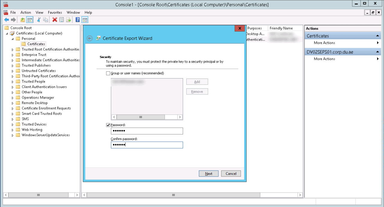 Select security options to export the certificate