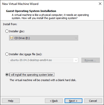 Select to install operating system later option