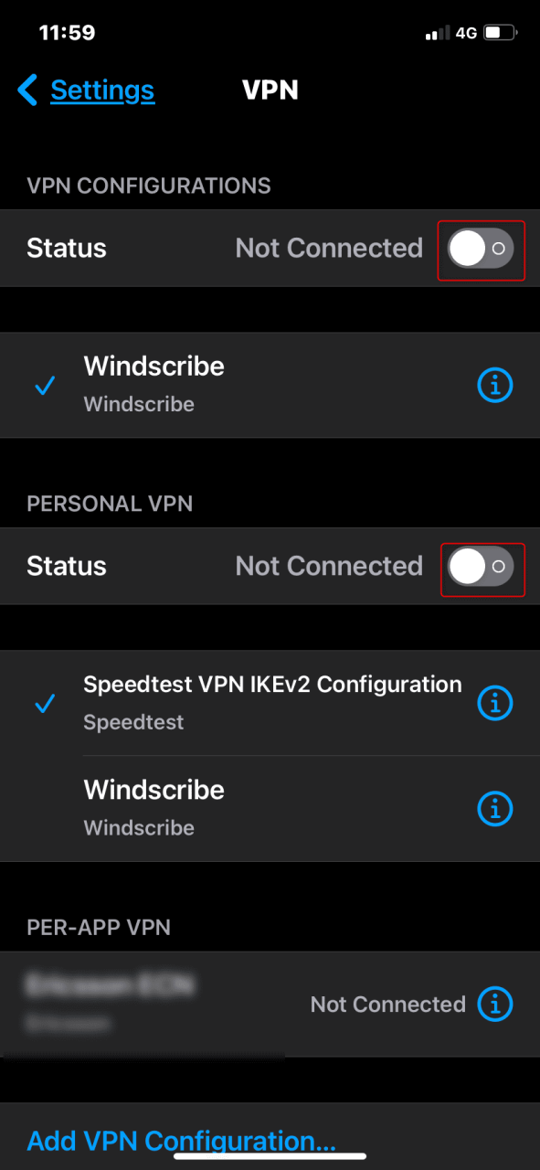 Turn off VPN connections in iPhone