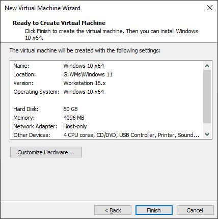 VM settings are ready to create the VM