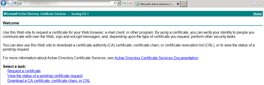 An image of the welcome page of the Microsoft Certificate Authority to request a certificate