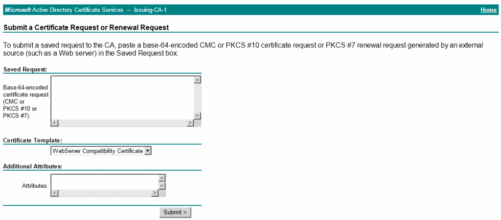 An image submitting a certificate request with CSR and Template details