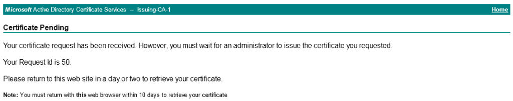 An image of the certificate request submitted successfully