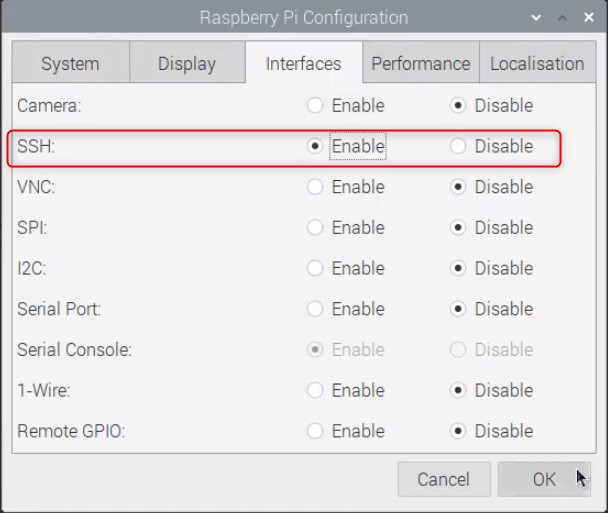 An image of Raspberry Pi SSH settings