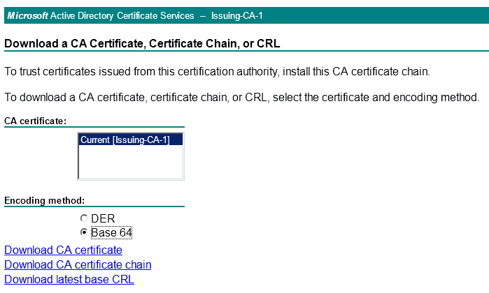 An image of a List to download a CA certificate, Certificate Chain or CRL