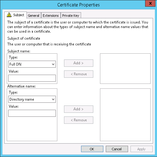 subject name and alternate subject name in the subject setting of the certificate properties