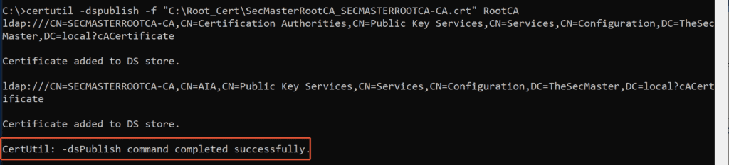 Command to publish Root CA certificate into Active Directory