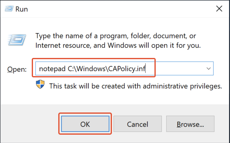 Creating CAPolicy.inf file and updating the configuration