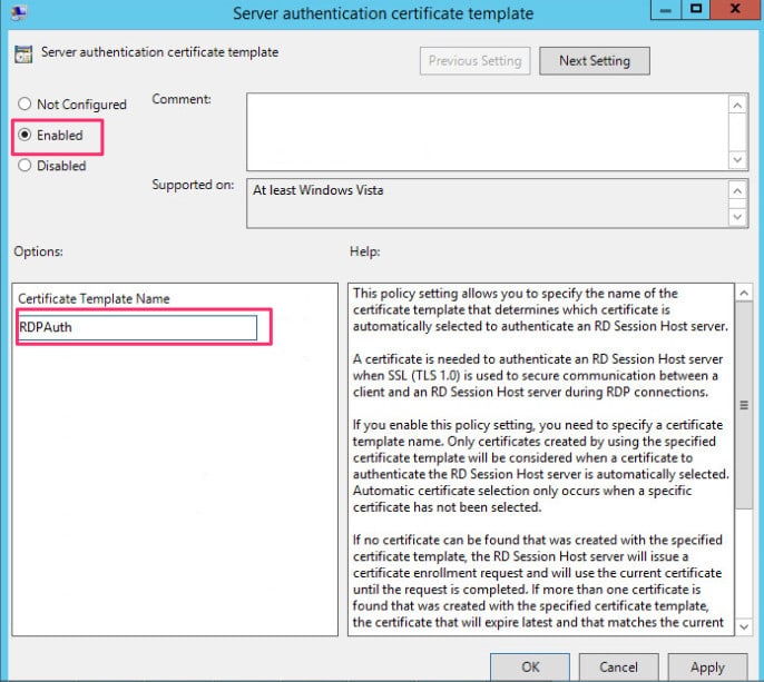 Enable Server authentication certificate template policy