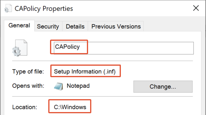 Ensure the CAPolicy.inf file is saved in inf file extention