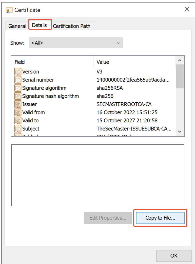 Export the certificate to a file