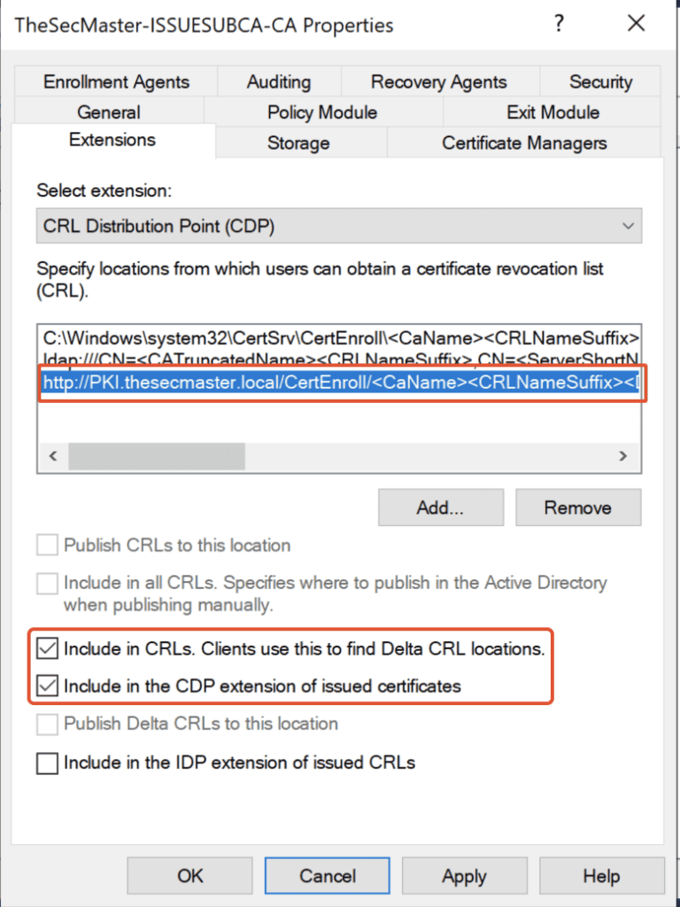 Make sure below 2 options CRL and CDP are selected