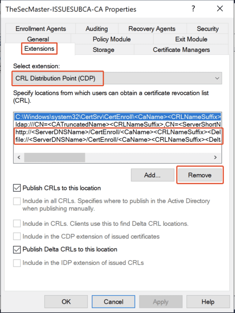 Modifying CDP configurations in Certification Authority properties